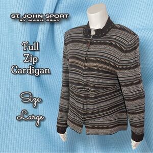 St. John Sport Full Zip Striped Cardigan  Size Large Brown Light Blue